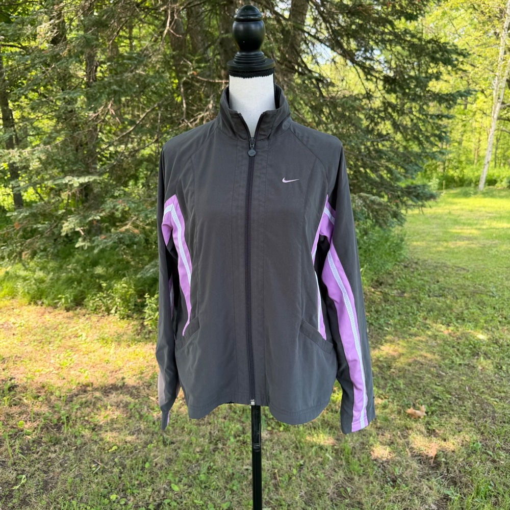 Vtg Nike Track Jacket Womens Size M Gray Purple Full Zip Athletic Windbreaker